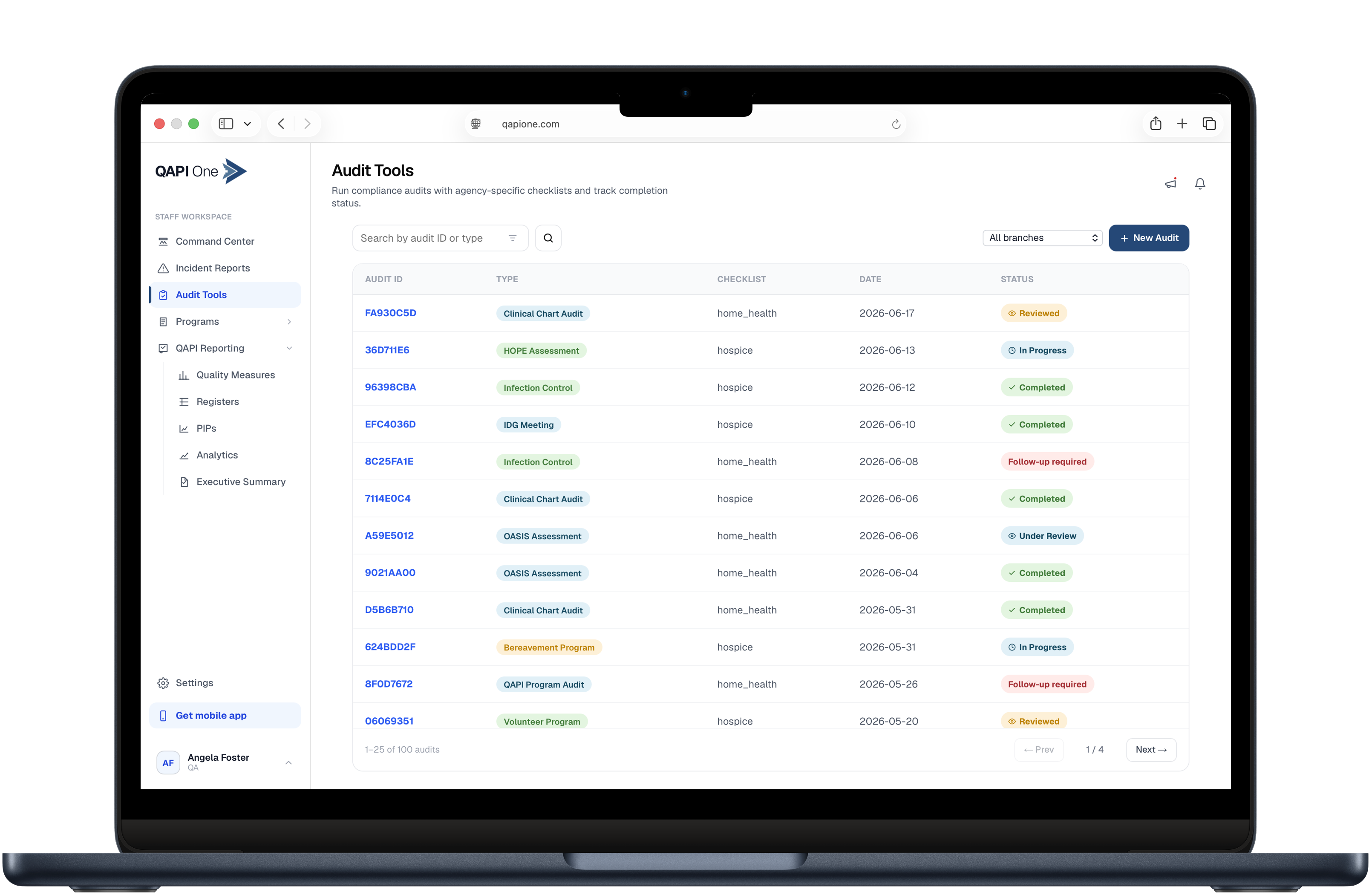 QAPI One audit tools dashboard on laptop showing compliance audit tracking and status